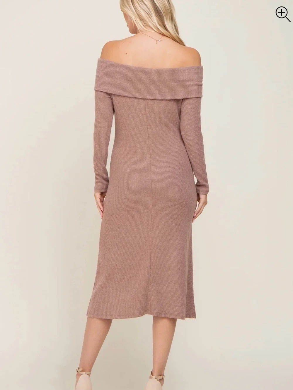 Mocha Ribbed Knit Foldover Off Shoulder Midi Dress